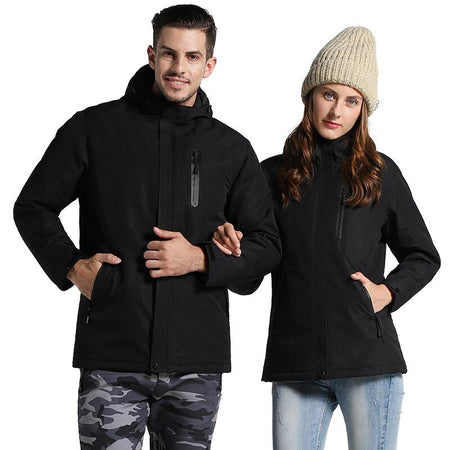 Manteau chauffant noir homme dos coupe longue capuche chauffage intégré