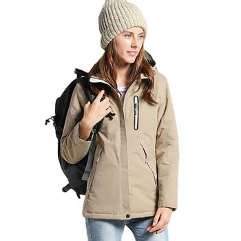 Manteau chauffant beige femme coupe longue élégante avec capuche et chauffage USB