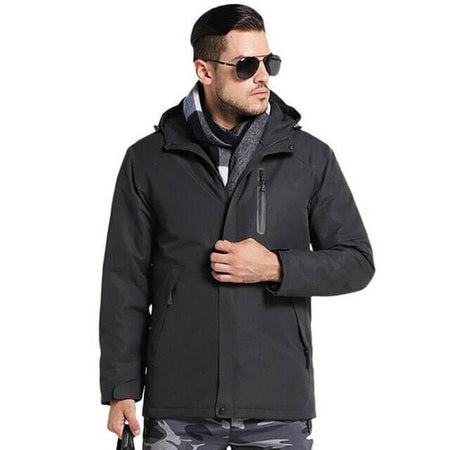 Manteau chauffant gris homme coupe longue avec capuche et chauffage intégré