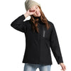 Manteau chauffant noir femme coupe longue féminine avec capuche et chauffage intégré USB