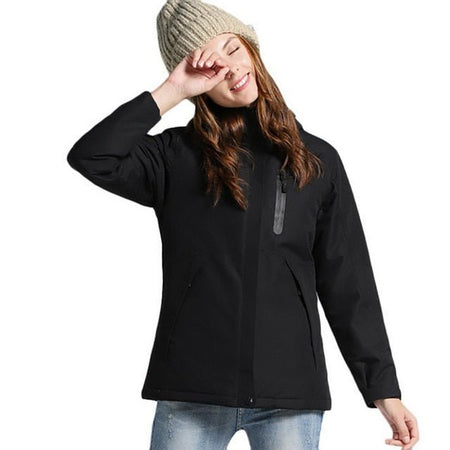 Manteau chauffant noir femme coupe longue féminine avec capuche et chauffage intégré USB