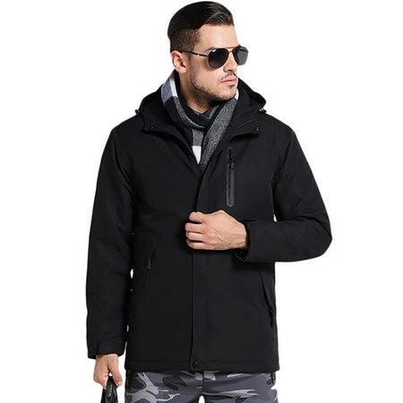 Manteau chauffant noir homme coupe longue avec capuche et chauffage intégré USB