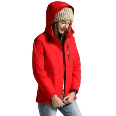 Manteau chauffant rouge femme coupe longue féminine avec capuche et chauffage USB intégré