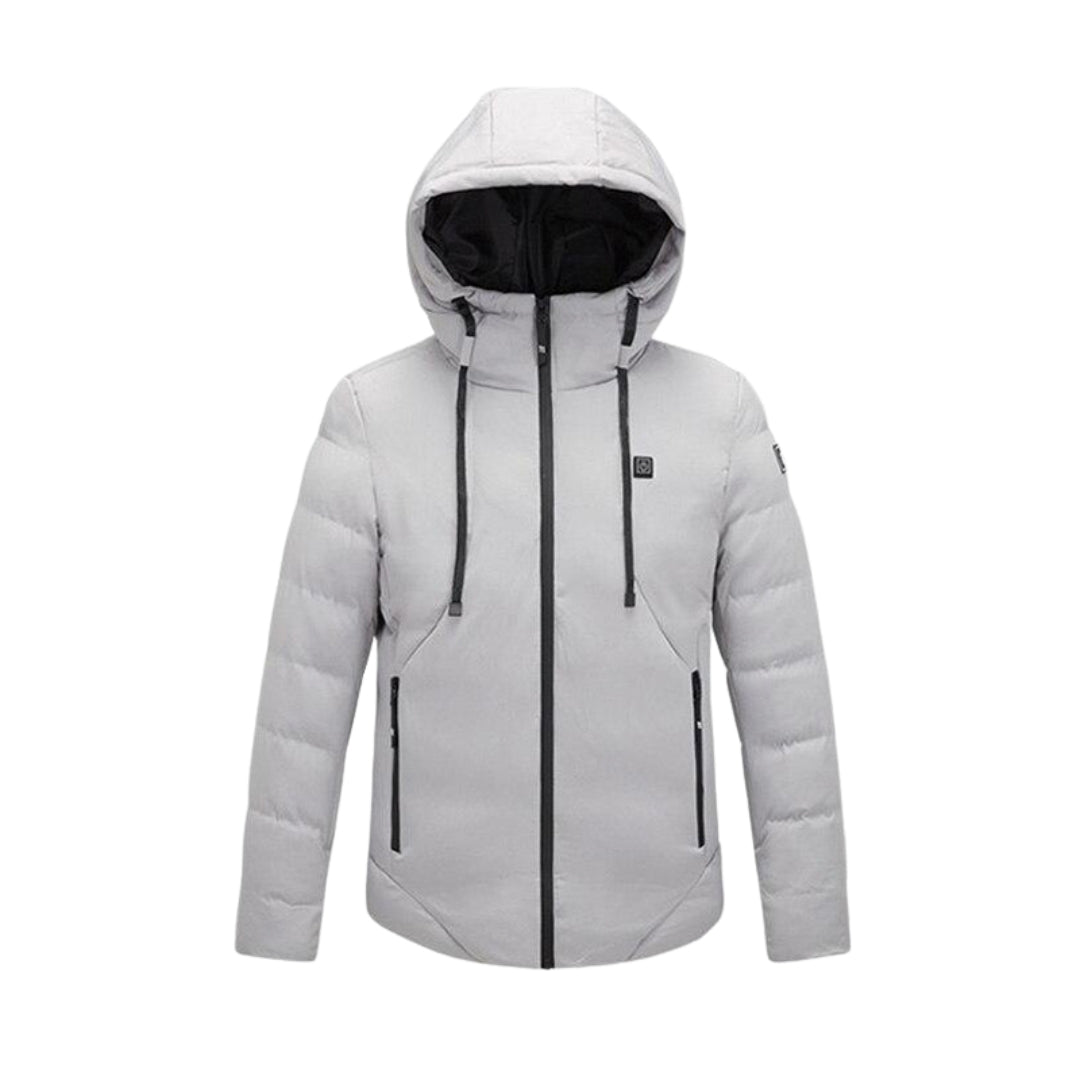 Doudoune chauffante grise homme femme avec col montant et chauffage intégré USB