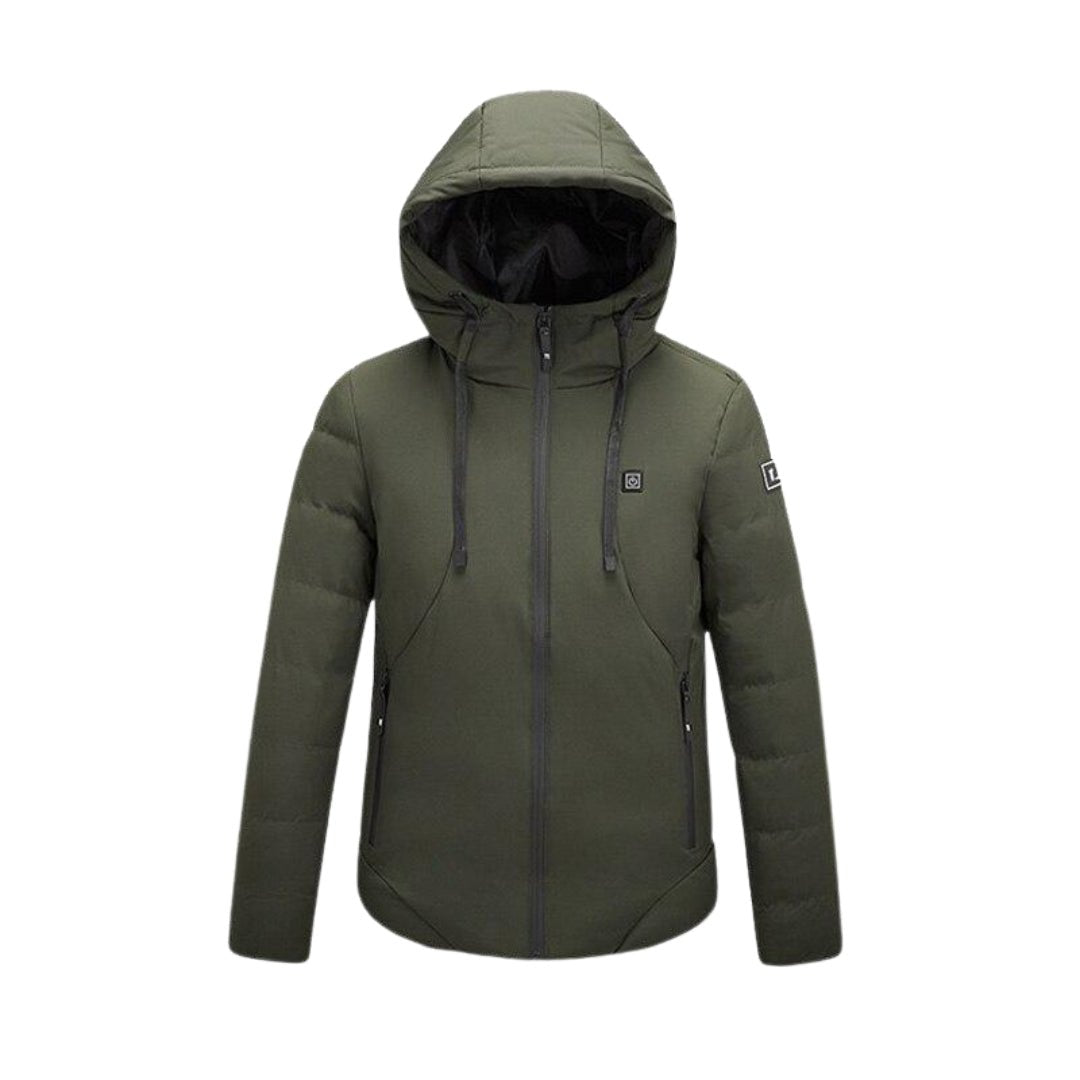 Doudoune chauffante kaki homme femme look outdoor avec col montant et chauffage USB intégré