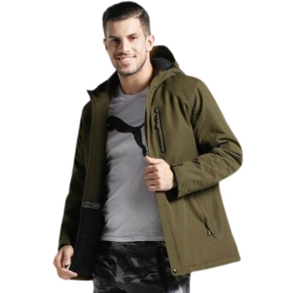 Manteau chauffant vert militaire homme coupe longue avec capuche et chauffage USB intégré