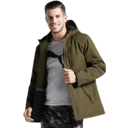 Manteau chauffant vert militaire homme coupe longue avec capuche et chauffage USB intégré