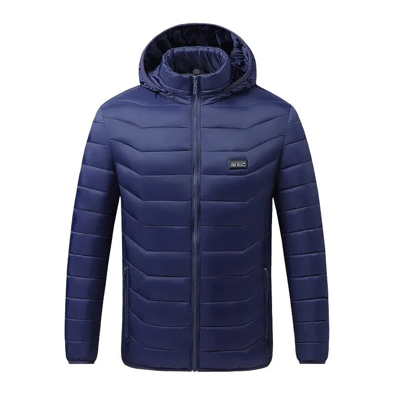 Veste chauffante bleue marine homme femme avec capuche et chauffage USB intégré