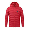 Veste chauffante rouge homme femme avec capuche et bouton de chauffage intégré