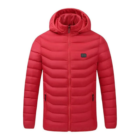 Veste chauffante rouge homme femme avec capuche et bouton de chauffage intégré